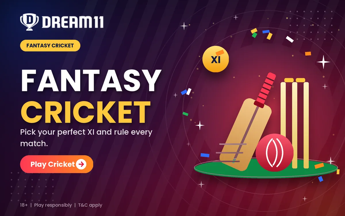 Dream11 fantasy cricket banner with team lineup and captain picks